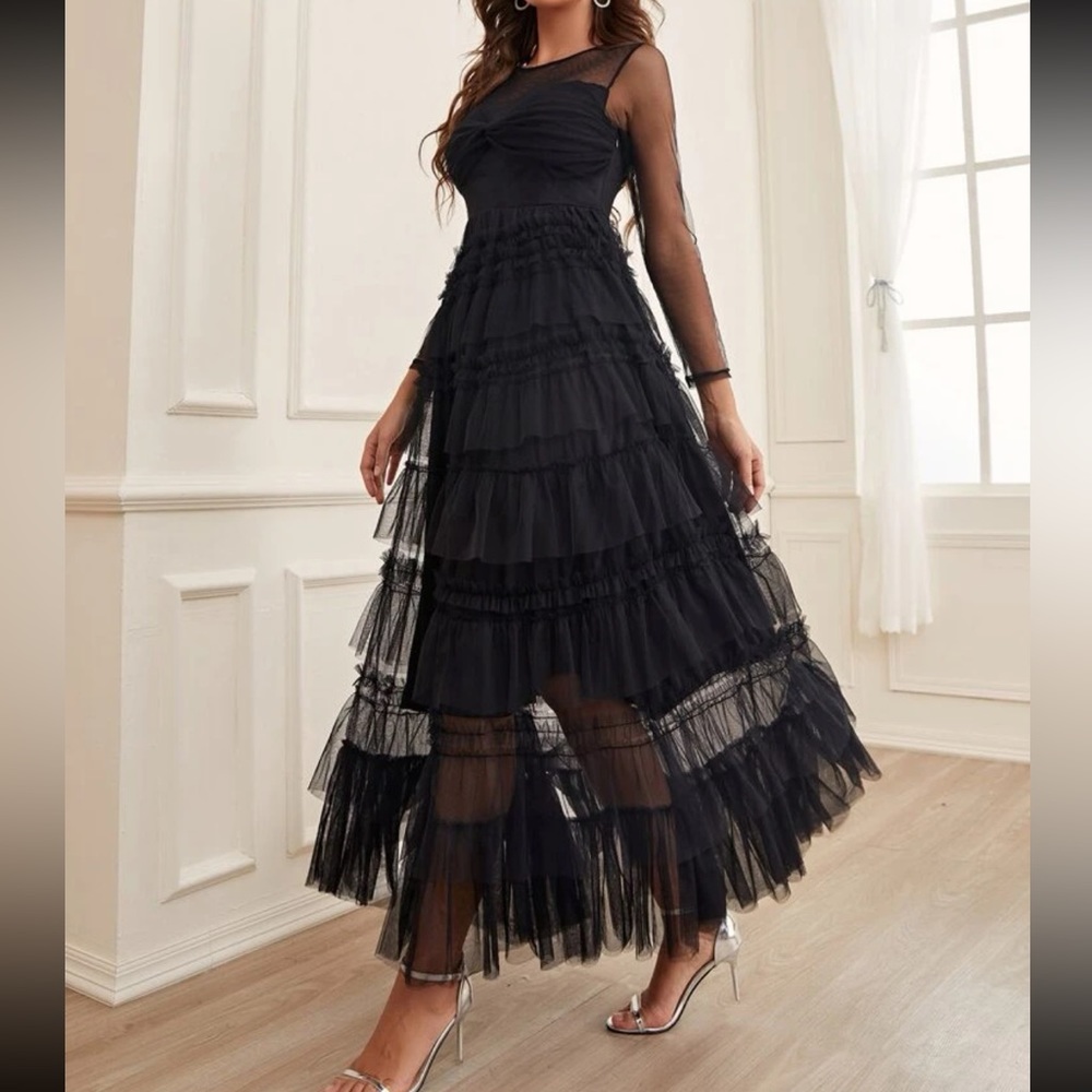 New Black Mesh Layered tiered dress